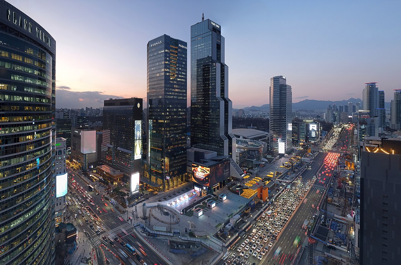 Gangnam district road and skyline in Seoul